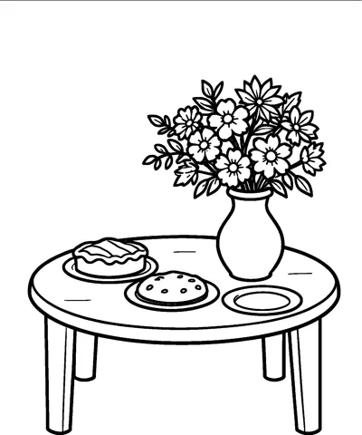 A round table holds a pie, a dish of food, an empty plate and a vase of flowers.