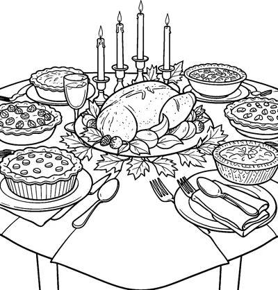 A dinner table set with a roast turkey on a leafy platter, several pies, tall candles, a glass and folded napkins.
