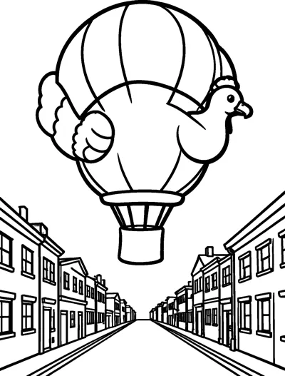 A giant balloon shaped like a turkey floats with a basket above a long town street lined with houses.