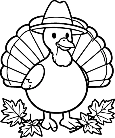 A round turkey wearing a tall brimmed hat stands with its tail spread, with maple leaves at its feet.