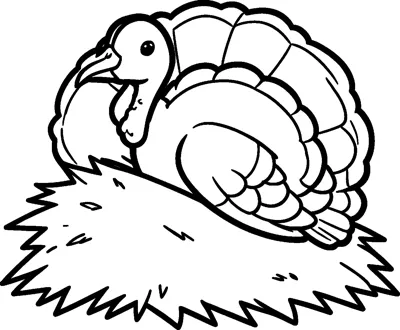 A turkey with a fanned tail sits snugly on a spiky pile of hay, peeking out.