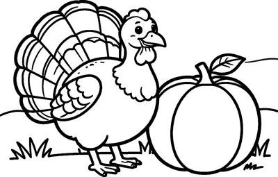 A smiling turkey with a fanned tail stands next to a large pumpkin on a grassy hill.