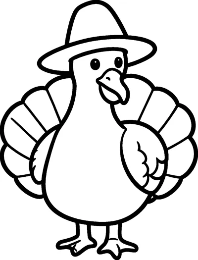 A cheerful turkey with a big beak, wattle and fanned tail feathers wears a tall hat with a wide brim.