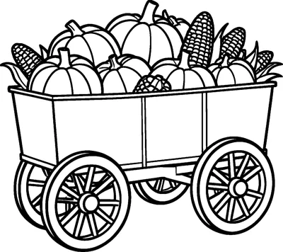 A four-wheeled wooden wagon piled high with pumpkins and ears of corn.