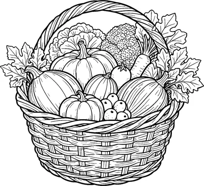 A woven basket with a handle holds pumpkins, squash, broccoli, cauliflower, a carrot, a tomato and leafy greens.