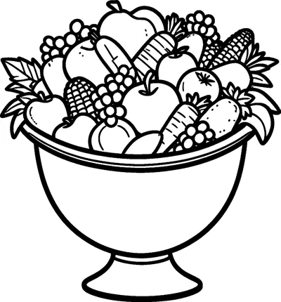 A large footed bowl heaped with apples, grapes, corn, carrots and leaves.