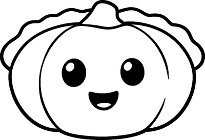 A round pumpkin-shaped pie with a wavy crust edge, big eyes and a happy smile.