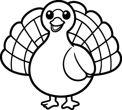 A cute round turkey with big shiny eyes, an open smile and a fanned tail.