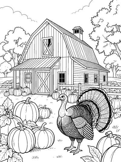 A turkey walks through a pumpkin field in front of a large wooden barn with trees behind it.