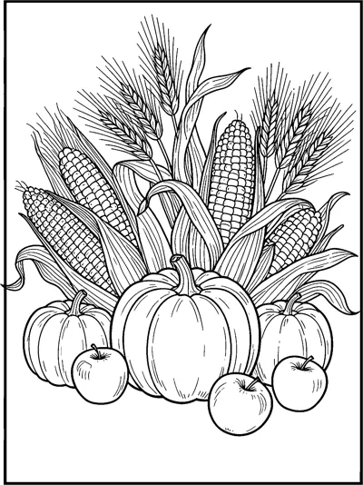 Pumpkins and apples in front of tall ears of corn, husk leaves and wheat stalks inside a border.