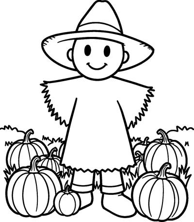 A smiling scarecrow in a wide hat and straw-edged coat stands among pumpkins in the grass.