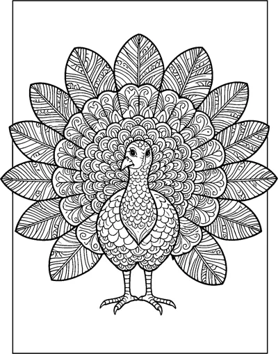 A turkey framed by layered rings of feathers, each filled with stripes, swirls and scale patterns.