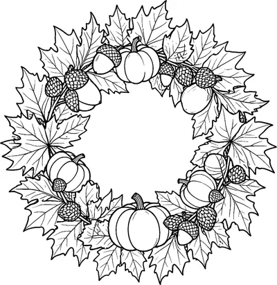 A round wreath made of maple leaves, textured acorns and small pumpkins.
