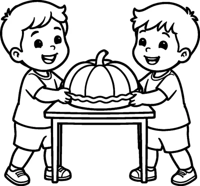 Two smiling boys hold a pumpkin-shaped pie with a crimped crust and place it on a small table.