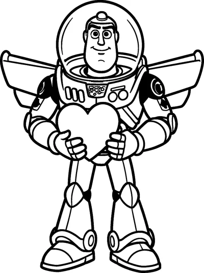 Buzz Lightyear holds a large heart in front of his chest with both hands, wearing his dome helmet and wings.