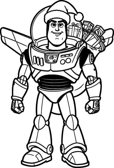Buzz Lightyear wears a Santa hat inside his helmet and carries a sack full of wrapped presents on his back.