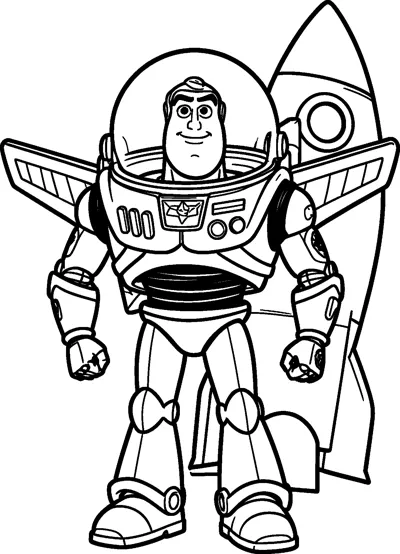 Buzz Lightyear stands in his space suit with his wings out in front of a tall rocket with a round window.