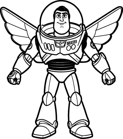 Buzz Lightyear stands facing forward in his space suit with his clear dome helmet on and both wings spread out wide.