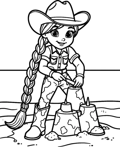 Jessie the cowgirl shapes sandcastle towers on the beach with a small tool, with the sea line behind her.