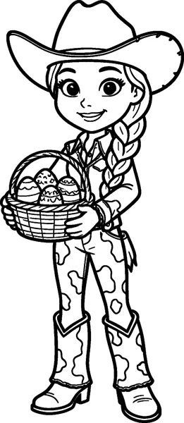 Jessie the cowgirl holds a woven basket full of patterned Easter eggs, smiling under her wide cowboy hat.