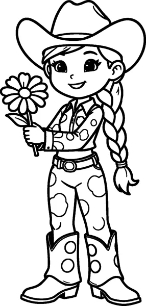 Jessie the cowgirl in her wide cowboy hat and long single braid, smiling and holding up a big daisy, with cow-print trousers and spotted boots.