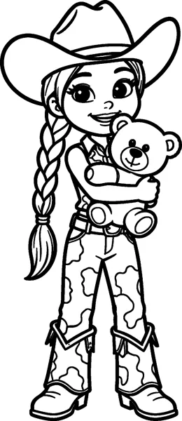 Jessie the cowgirl hugs a small teddy bear close to her shoulder, wearing her cowboy hat, long braid and cow-print trousers.