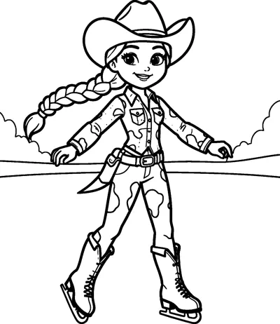 Jessie the cowgirl glides on ice skates with her arms out and her braid flying, with snowy trees in the background.
