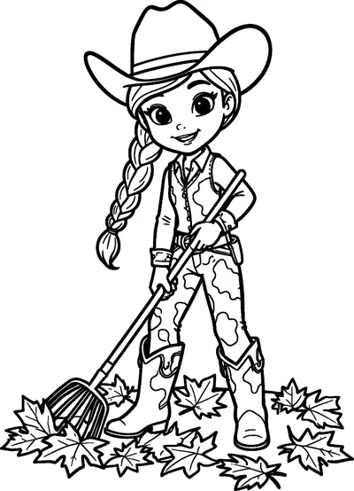 Jessie the cowgirl uses a long rake to gather a pile of maple leaves, with her braid hanging over her shoulder.