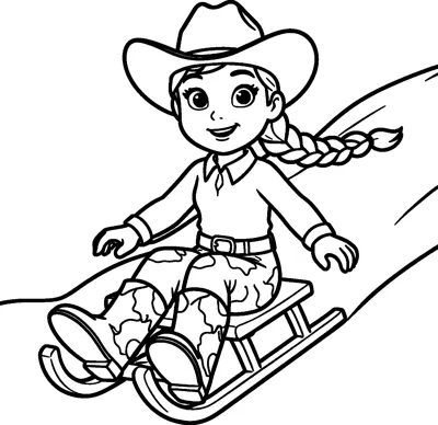 Jessie the cowgirl rides a wooden sled down a snowy hill, with her long braid flying out behind her hat.