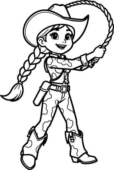 Jessie the cowgirl swings a twisted rope lasso over her hat, with her long braid flying out behind her.