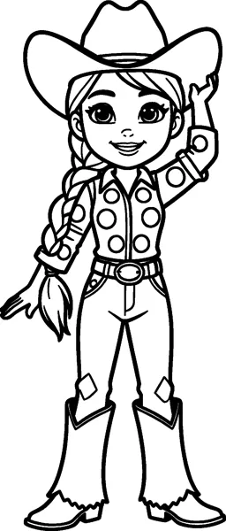 Jessie the cowgirl smiles and tips the brim of her big cowboy hat, her single long braid hanging over her shoulder.