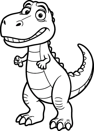 Rex the green toy dinosaur from Toy Story standing with wide eyes, a nervous grin and his tiny arms held out.