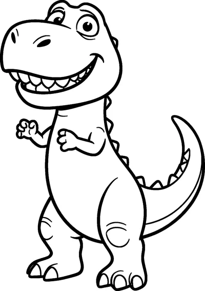 Rex the toy dinosaur from Toy Story grinning widely with his tiny arms held up, his long tail curling behind him.