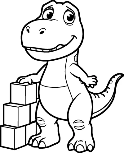 Rex the toy dinosaur smiles as he rests one small arm on a stack of three toy building blocks.