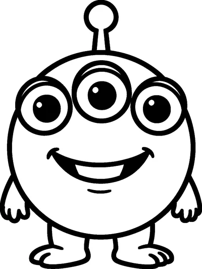 A round, smiling Toy Story alien with three big eyes, one antenna with a ball on top, small hands and big feet.
