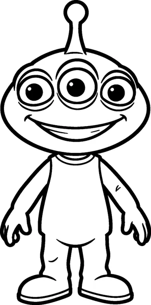 A Toy Story alien with three round eyes, one antenna and a wide grin stands in a simple suit with big feet.