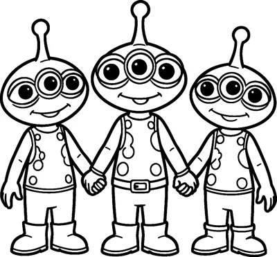 Three smiling Toy Story aliens, each with three big eyes and one antenna, stand in a row holding hands.