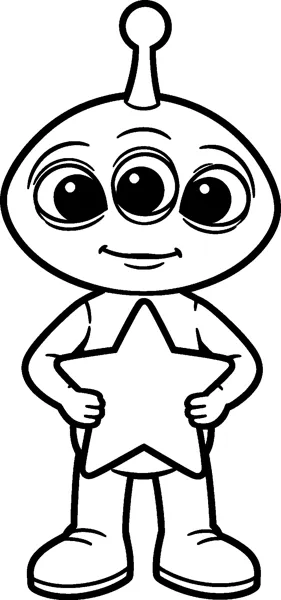 A smiling three-eyed Toy Story alien with a round head and a single antenna, holding a large five-pointed star in front of its body.