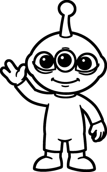 A friendly three-eyed Toy Story alien with one antenna on its round head, smiling and waving one hand while standing in a simple suit.