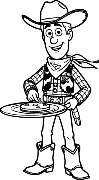 Woody the cowboy doll holds a big round pan with a pancake on it, smiling in his hat, bandana and spotted vest.