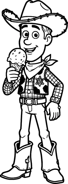 Woody the cowboy doll licks a scoop of ice cream in a waffle cone, smiling in his hat, vest and boots.