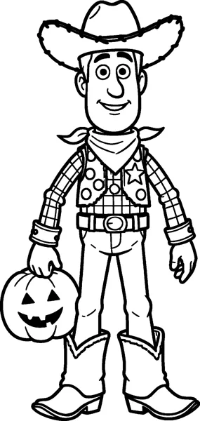 Woody the cowboy doll in his hat, spotted vest, star badge, bandana and boots, smiling and carrying a grinning jack-o-lantern by its stem.