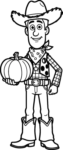 Woody the cowboy doll stands holding a big round pumpkin in his arms and smiles under his cowboy hat.