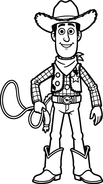 Woody the cowboy doll stands smiling with a coiled lasso loop in one hand and his cowboy hat on.