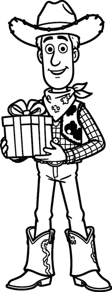 Woody the cowboy doll smiles while holding a wrapped present with a bow in front of his spotted vest.