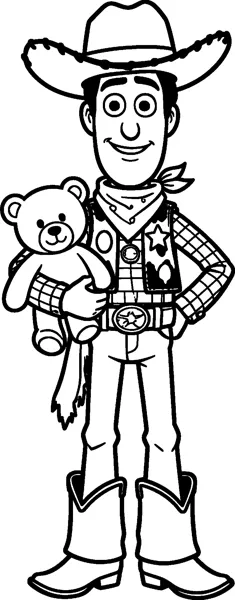 Woody the cowboy doll stands holding a fluffy teddy bear against his chest, smiling under his wide hat.