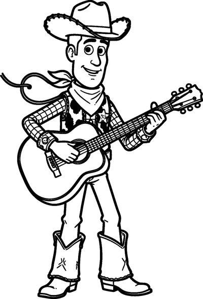 Woody the cowboy doll strums an acoustic guitar, wearing his cowboy hat, bandana, spotted vest and tall boots.