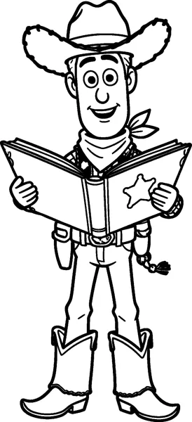 Woody the cowboy doll holds a large open book with a star on the cover and smiles as he reads.