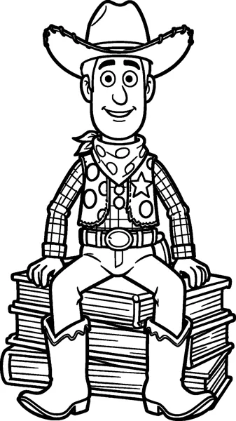 Woody the cowboy doll sits on a tall stack of books, smiling under his wide hat with his star badge and spotted vest.
