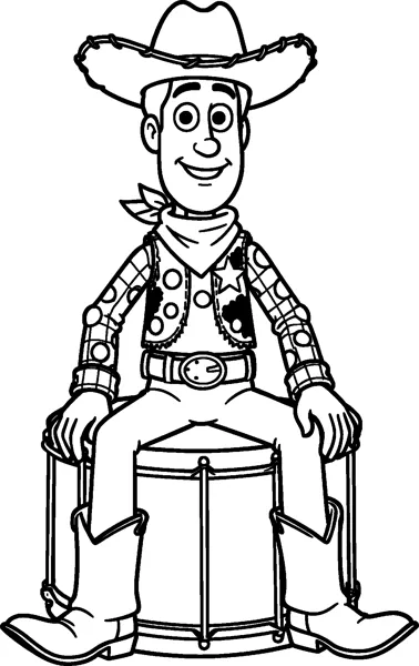 Woody the cowboy doll sits on top of a big toy drum with his hands on his knees and a smile.